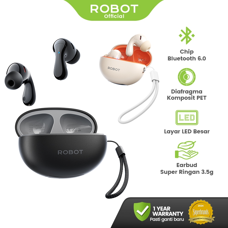 ROBOT Earphone Wireless Bluetooth 6.0 Suara Jernih Powerful Bass Pemakaian 37 Jam dengan Tampilan Da