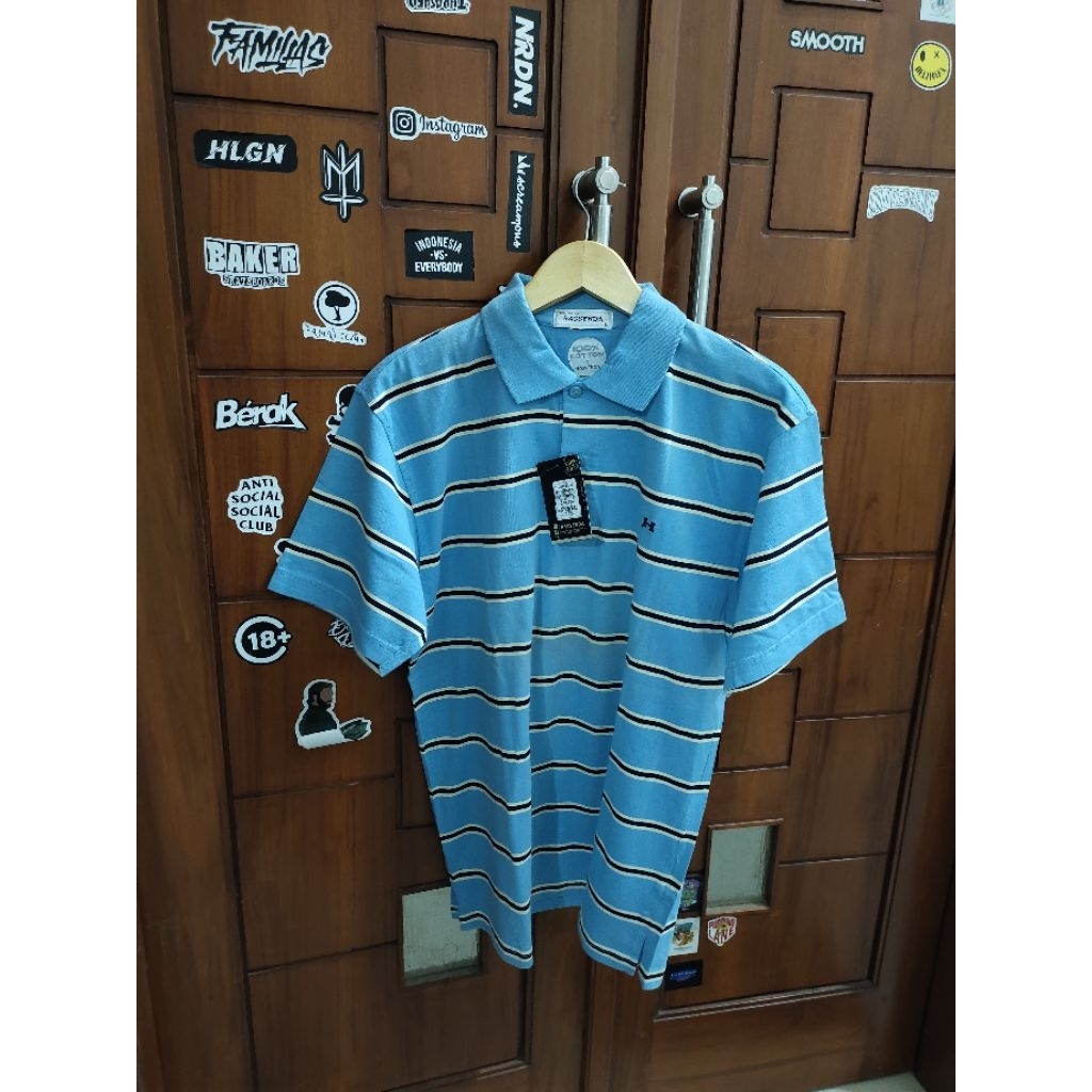 Kaos Pria Polo/Kerah Hassenda Garis Biru Muda UK L, 100%Original&Murah
