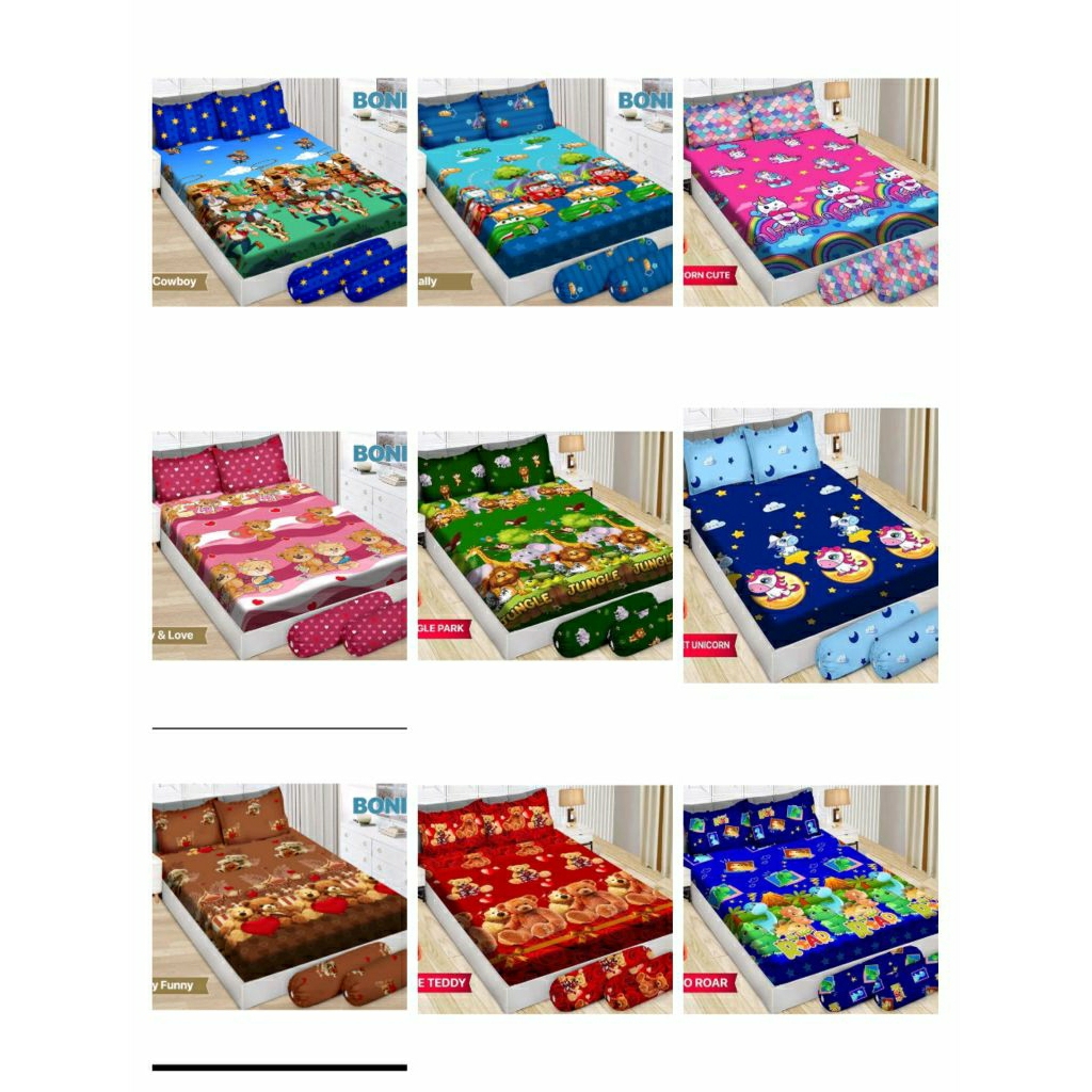 Sprei bonita 160x200/queen/no 2 motif karakter/abstrak:lion in love,unicorn cuye,jungle park/safari/