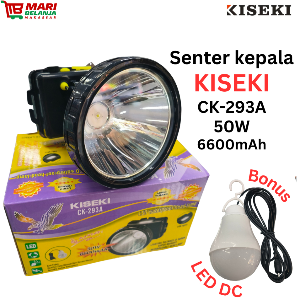 Senter Kepala Kiseki CK 293A 50Watt 50W + COB 6600mAh Bonus Lampu LED DC