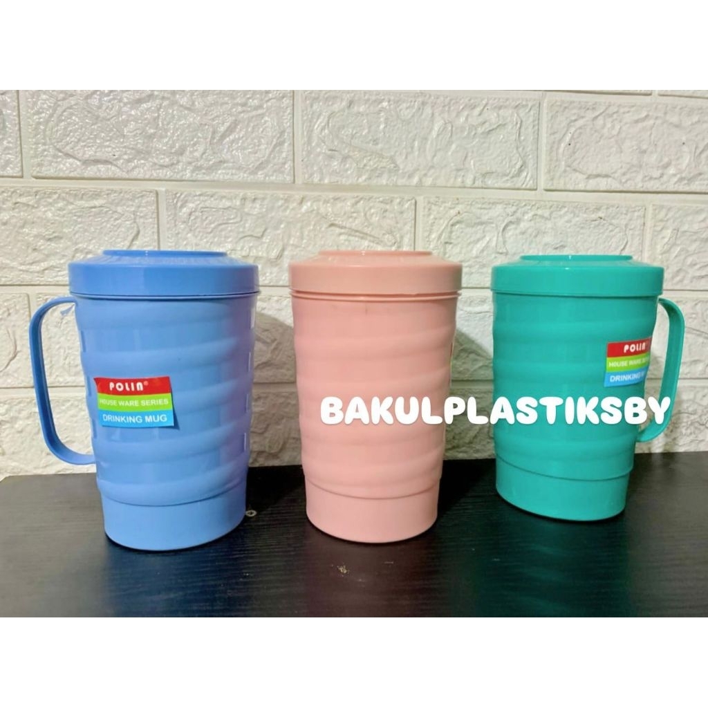 CANGKIR MUG GELAS JUMBO TUTUP POLIN / MUG TUTUP POLIN / GELAS MUG TUTUP PLASTIK.