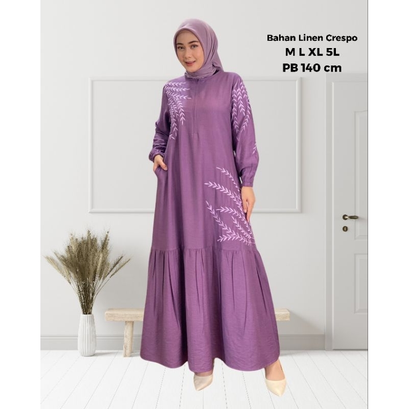 Gamis Nadira Bordir Bahan Linen Crespo Fashion Muslimah Busana Wanita Terbaru Busui dan Wudhu Friend