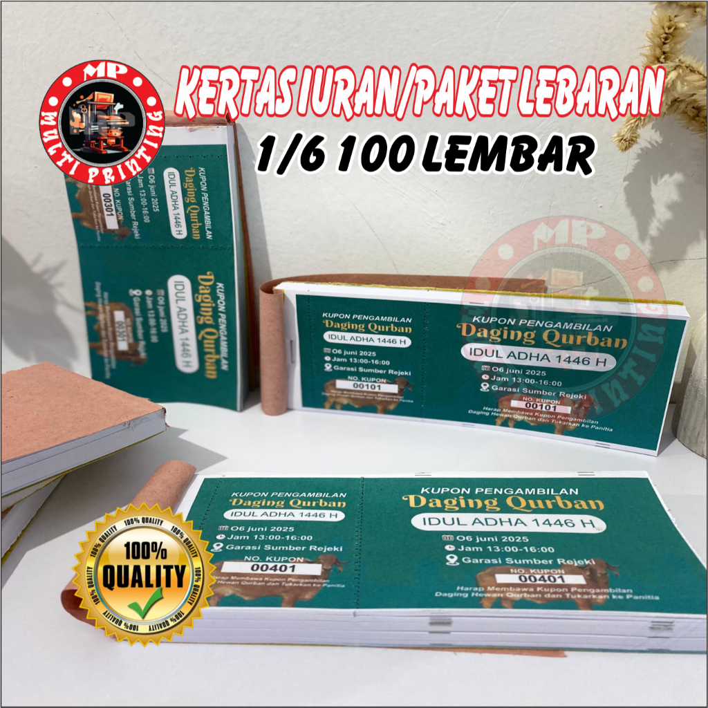 

KUPON PENGAMBILAN DAGING QURBAN UKURAN 1/6 / BISA CUSTOM TULISAN SENDIRI / 100 LEMBAR MULTI PRINTING
