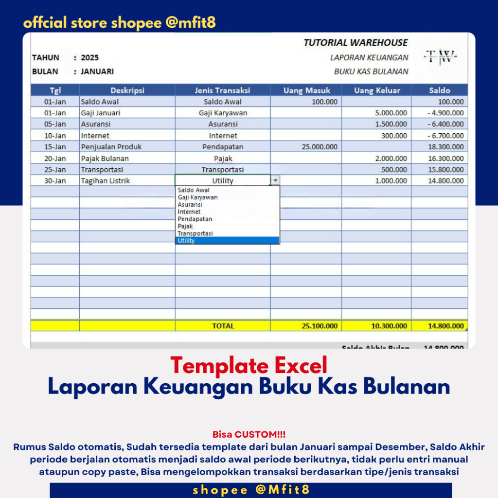 Template Excel Laporan Keuangan Buku Kas Bulanan
