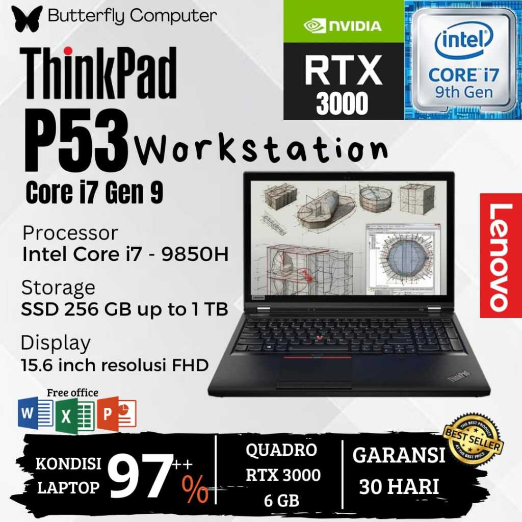 Laptop Lenovo P53 WorkStation Core i7 Gen 9 - RAM 64GB SSD 1TB - NVIDIA RTX 3000 6GB - FHD
