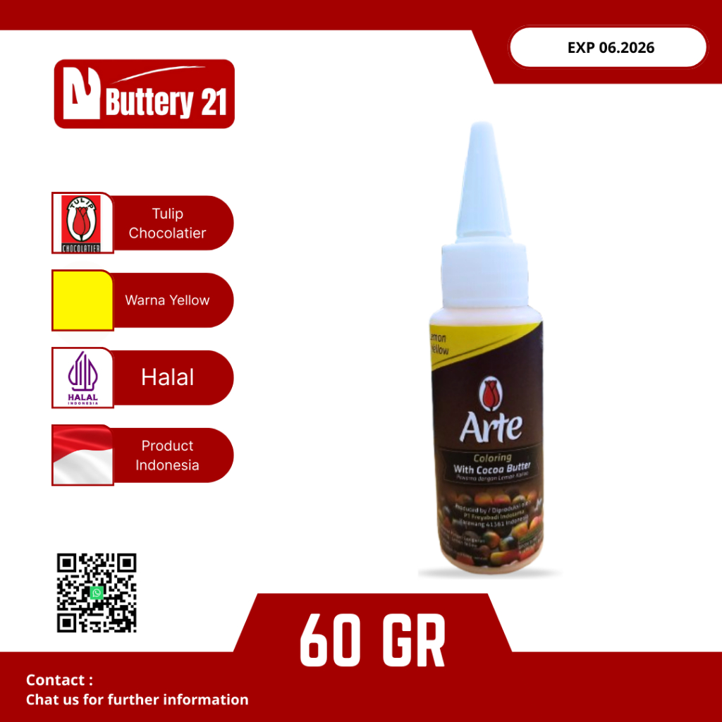 

TULIP ARTE COLORING LEMON YELLOW 60 GR/PEWARNA KUNING DENGAN LEMAK KAKAO/WITH COCOA BUTTER
