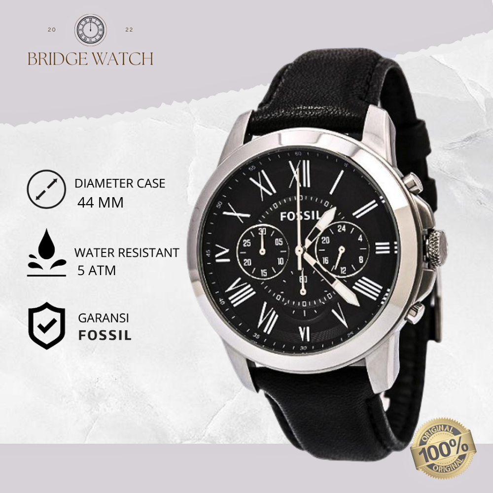 Jam Tangan Pria Fossil FS4812 Grant Chronograph Black Leather Strap Kulit Hitam Casual Original