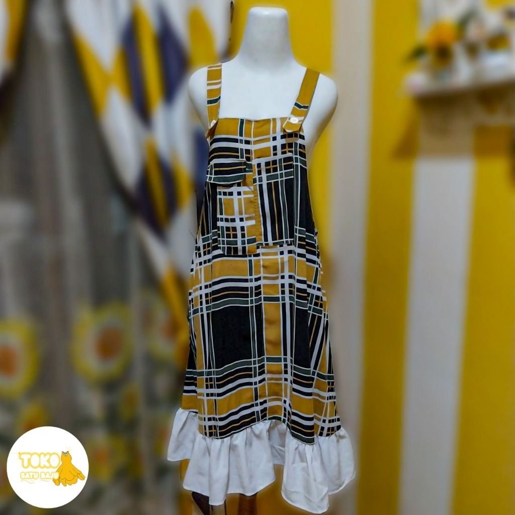 overall dress kotak kuning