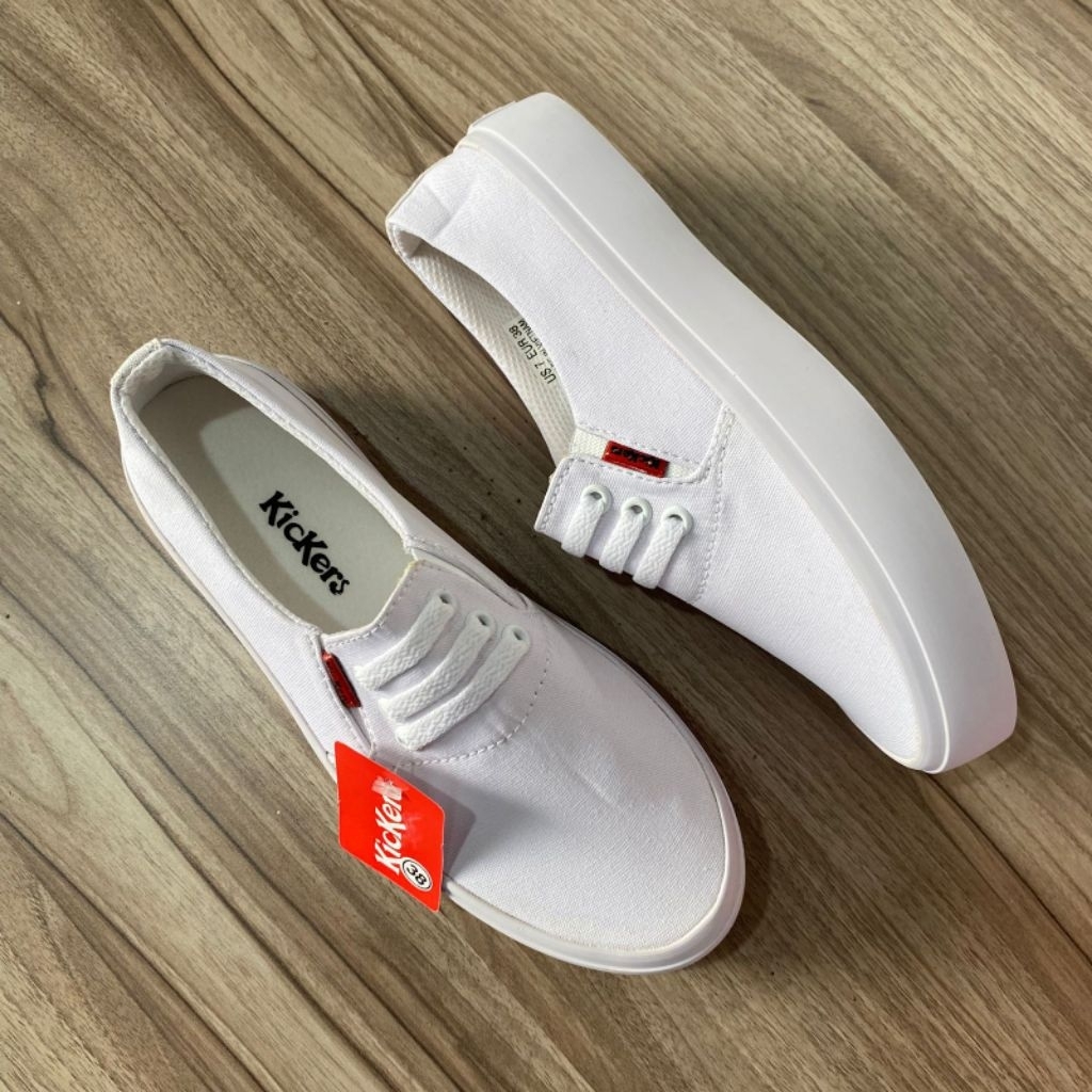 sepatu wanita slip on full putih variasi tali bahan kanvas