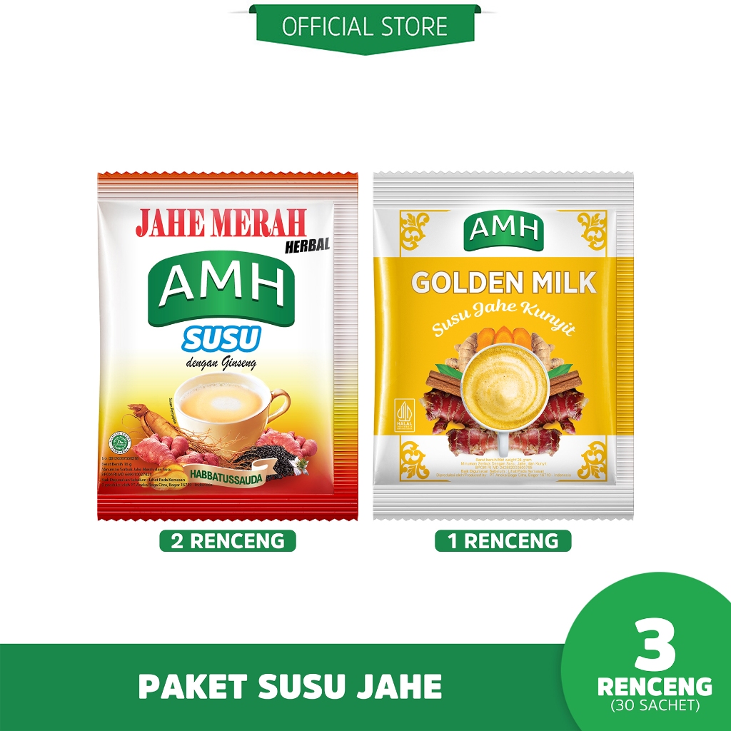 

Paket Susu Jahe ( 2 Renceng AMH Susu Jahe (20 Sachet) 1 Renceng AMH Golden Milk (10 Sachet) )