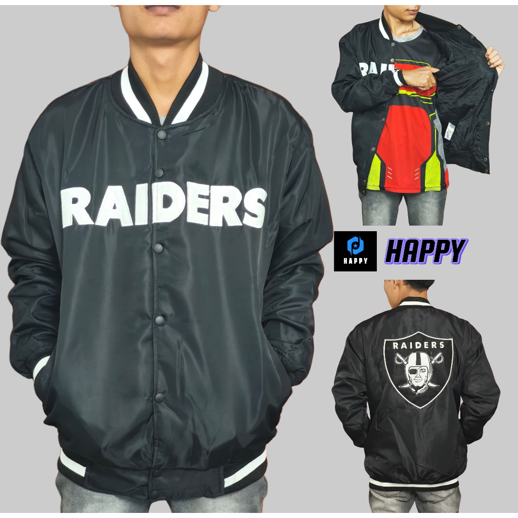 HAPPY Black Varsity Jacket Casual Vintage Full Bordir Las Vegas Raiders GB