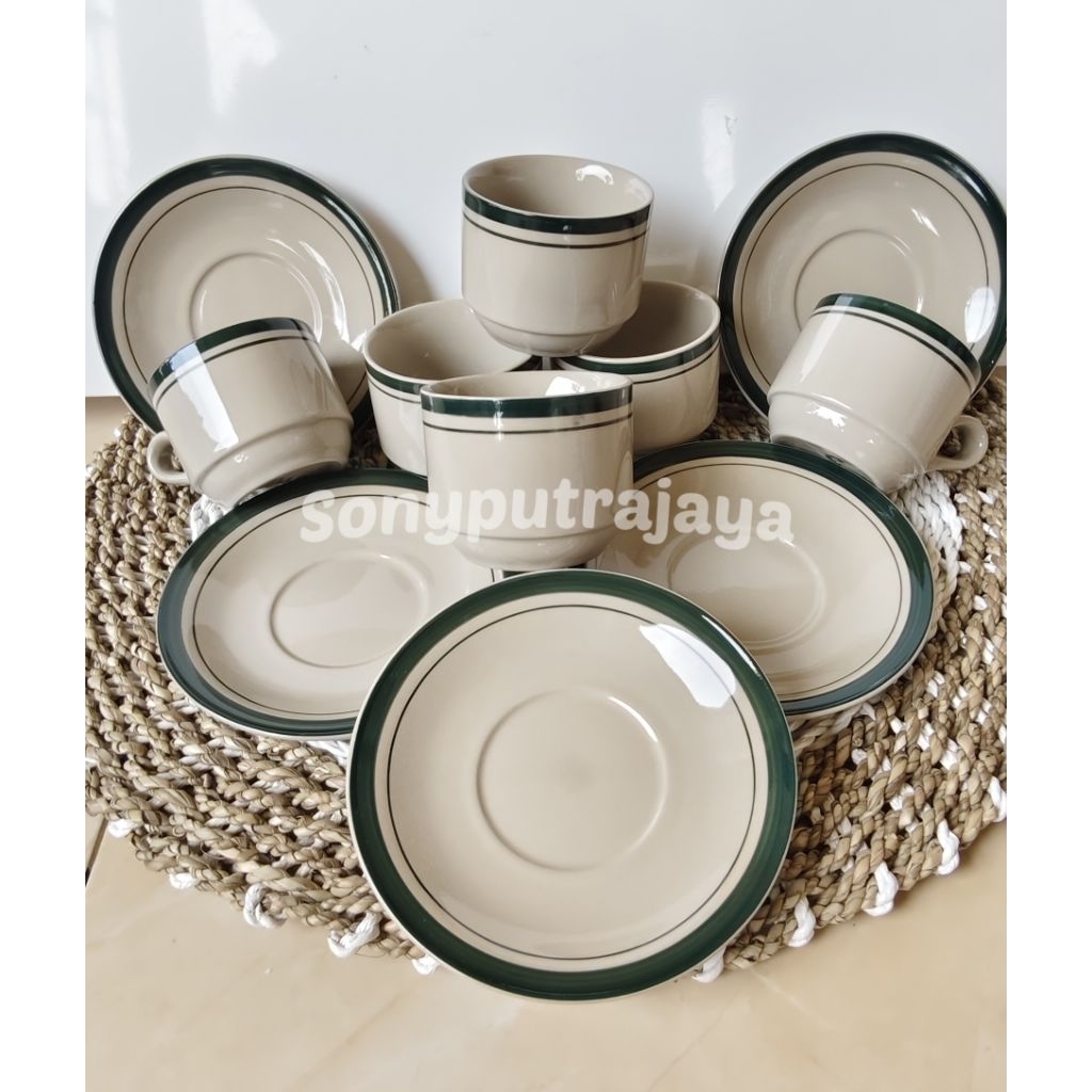 CANGKIR SET KERAMIK LIS HIJAU | GELAS KOPI KERAMIK | CANGKIR CAFE ISI 6 CANGKIR DAN 6 TATAKAN