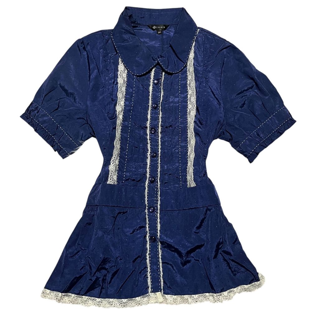 Blink Milkmaid Buttoned Up Sailor Dark Blue Lace Puffy Top | motif rubiah big size L besar manik gli