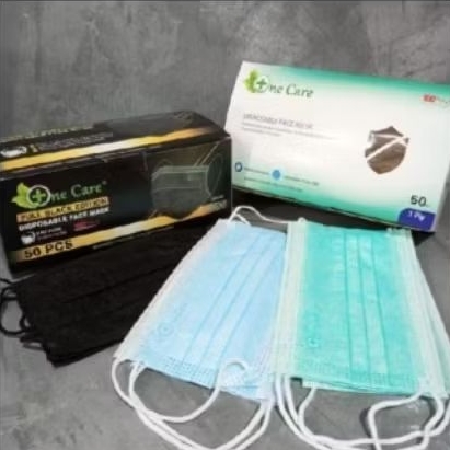 MASKER EARLOOP ONE CARE 3PLY ISI 50PCS + BOX HITAM/ BIRU/ PUTIH/ HIJAU