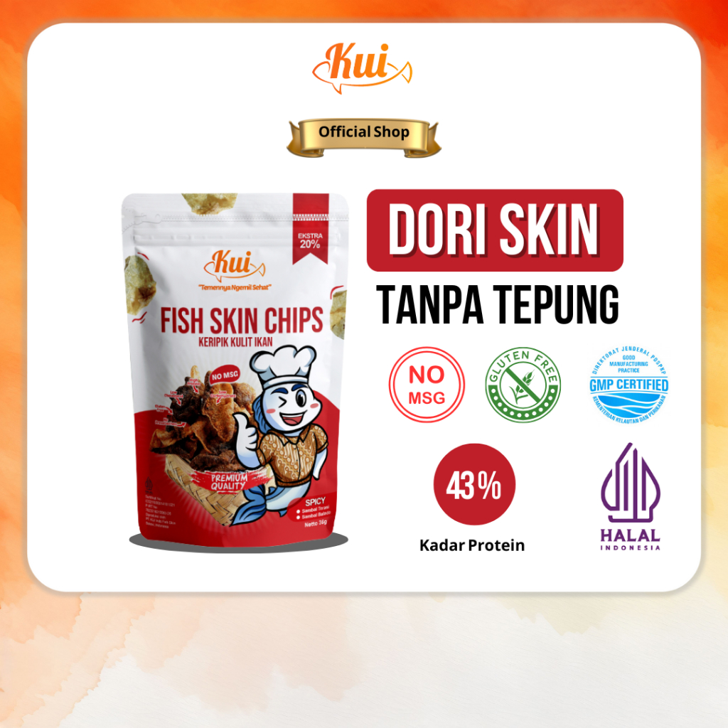 

KUI Dori Skin No MSG / Keripik Kulit Ikan Dori Tanpa Tepung / Sambal Balado 1 pcs