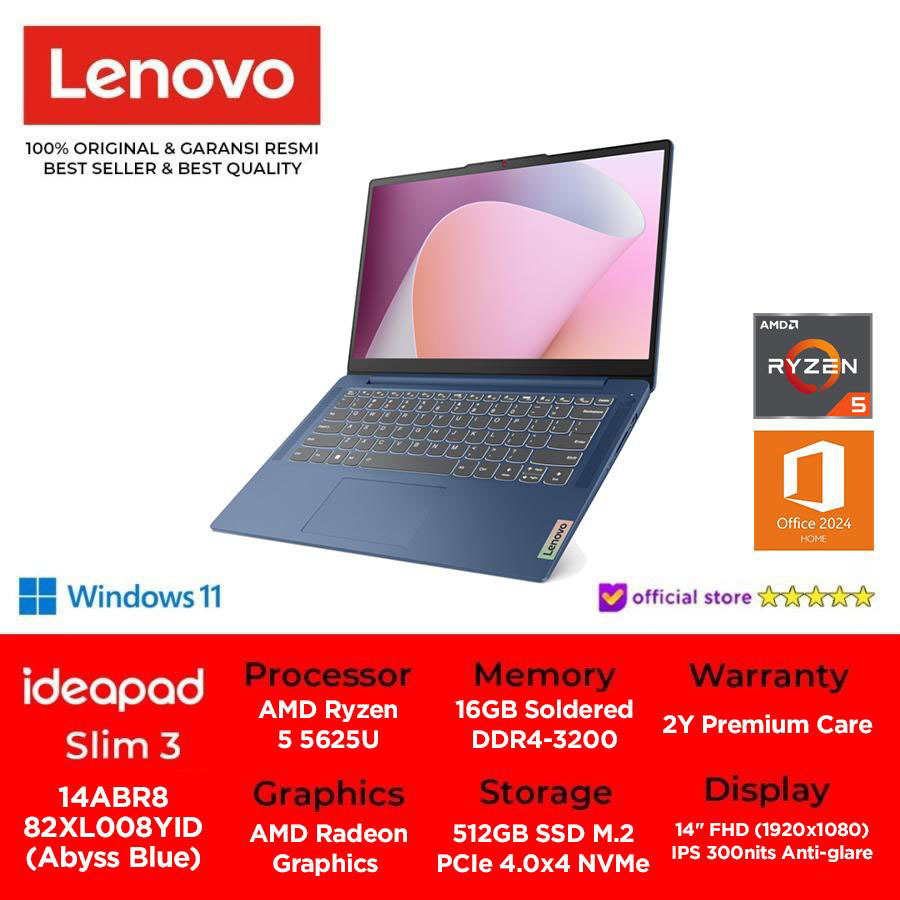 LENOVO IdeaPad Slim 3 14ABR8 82XL008YID Ryzen 5 5625U 16GB 512GB W11 OHS 2024 Microsof 365 Abyss Blu