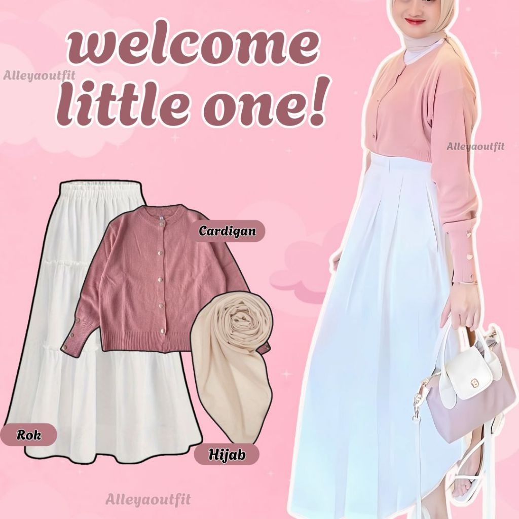 One Set Starla - Cardigan Knit, Hijab, Rok Susun, OOTD Outfit Hijab - One Set Korean Style Hijab - A