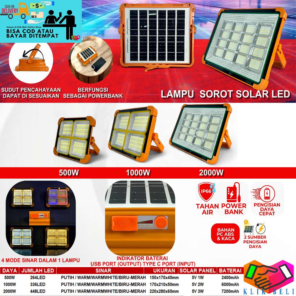 Lampu Sorot Solar LED Outdoor Tenaga Surya Cell Multifungsi Indoor Solar Panel Lampu Camping