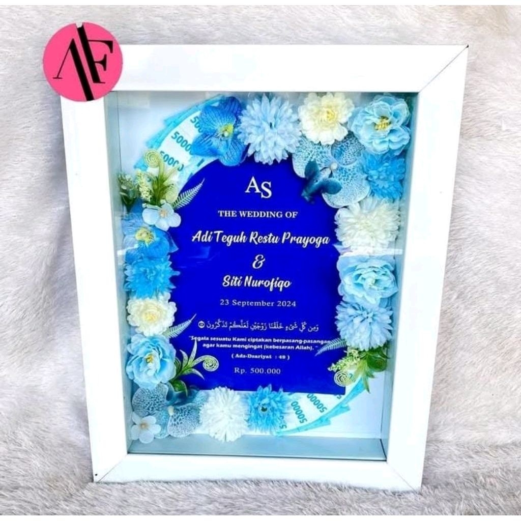Mahar Pernikahan Bunga Biru ukuran pigura luar 30x40 cm Kaca Akrilik