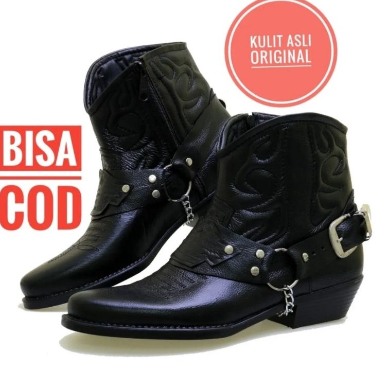 KODE D76A Sepatu Boots Koboy Pria Kulit Sapi AntiLicin