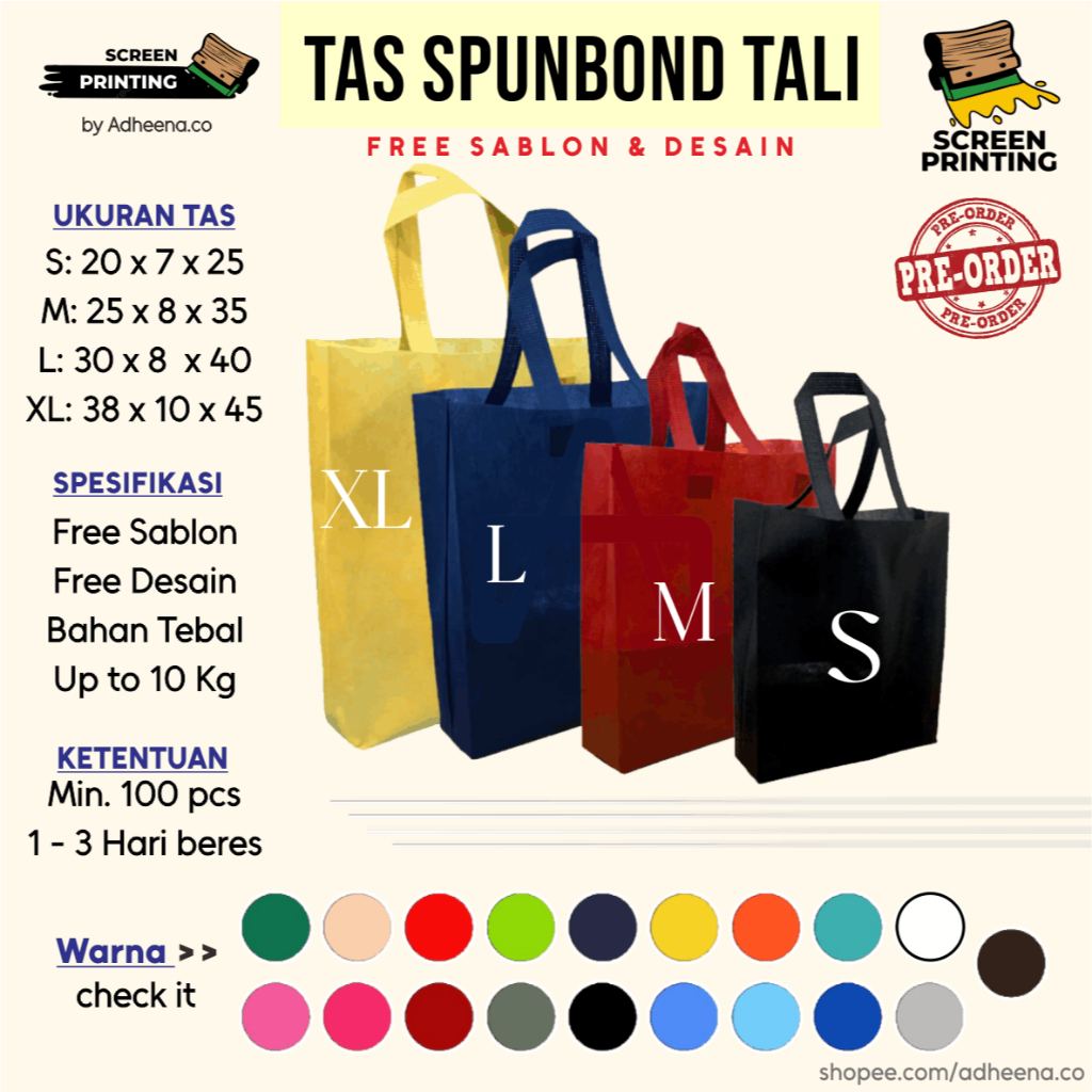 

Goodie Bag Sablon Custom Sablon Cepat Rapih Berkualitas | Tas Spunbond Tali Warna & Ukuran Lengkap