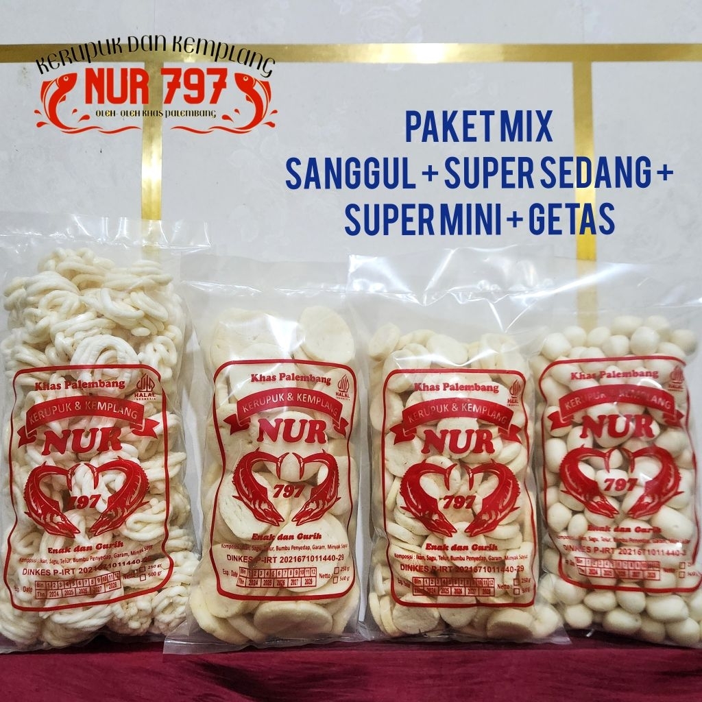 

PAKET MIX 1000 gram SANGGUL SUPER SEDANG MINI GETAS ikan tenggiri kerupuk dan kemplang NUR 797 khas palembang asli