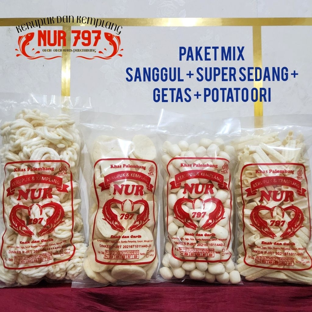 

PAKET MIX 1000 gram SANGGUL SUPER SEDANG GETAS POTATO ORI ikan tenggiri kerupuk dan kemplang NUR 797 khas palembang asli