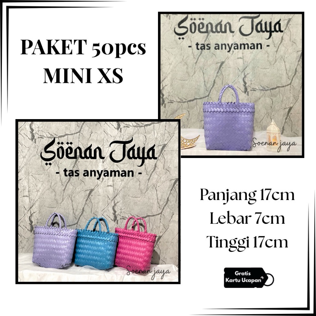 PAKET 50pcs TAS MINI XS GRATIS KARTU UCAPAN /tas anyaman mini/tas anyaman souvenir pernikahan/tas an