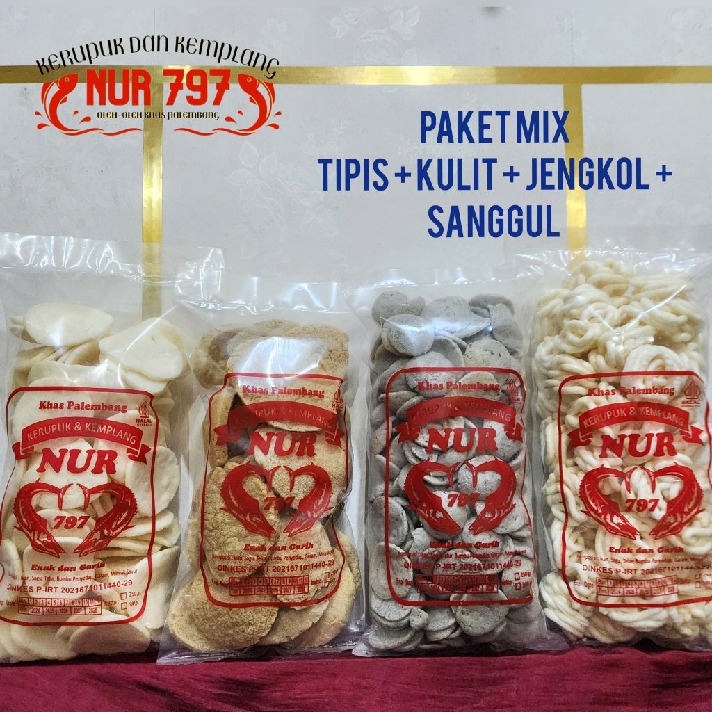 

PAKET MIX 1000 gram TIPIS KULIT JENGKOL SANGGUL ikan tenggiri kerupuk dan kemplang NUR 797 khas palembang asli