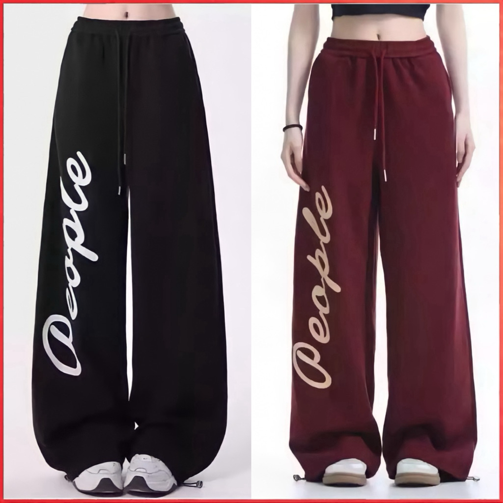 Pariroo Celana Jogger Wanita Motif People Wide Leg Streetwear | Celana Kulot Training Korea Oversize