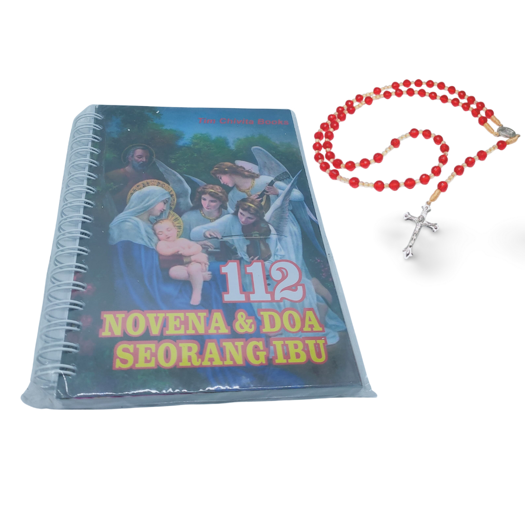 Paket Doa Novena Katolik | Rosario Akrilik Merah Premium + Buku 112 Novena Doa Ibu