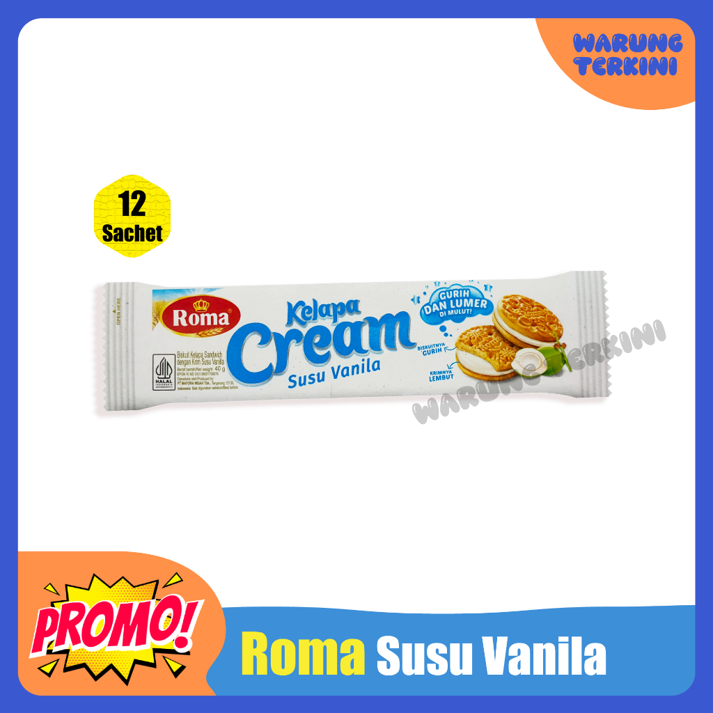 

Roma Kelapa Cream Vanila 40gr 1 Box isi 12 Sachet | Biskuit Kelapa Sandwich dengan Krim Vanila