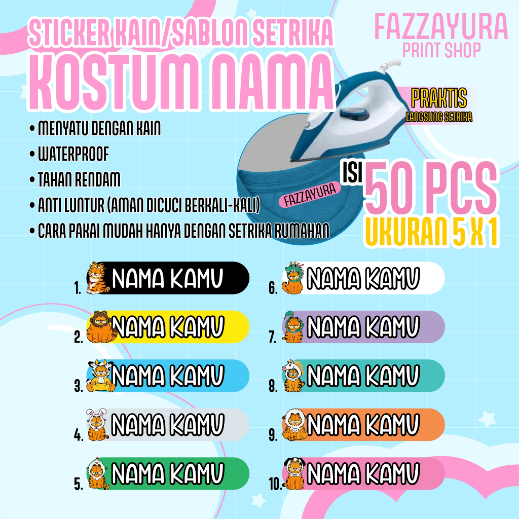 

TERMURAH ISI 50 PCS | STICKER KAIN/SABLON SETRIKA/SABLON KOSTUM NAMA | TEMA GARFIELD