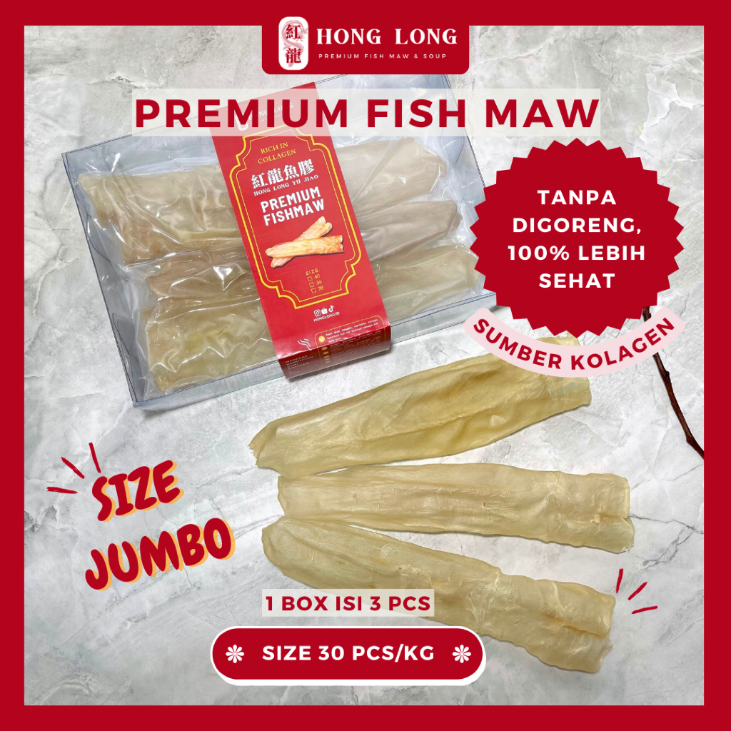 

Hong Long - Premium Fish Maw Size Jumbo 30 Pcs (魚鰾/花膠) Hipio Yiphiau Gelembung Ikan Perut Ikan Kakap Kering Hipiau Grade Super Kualitas Premium
