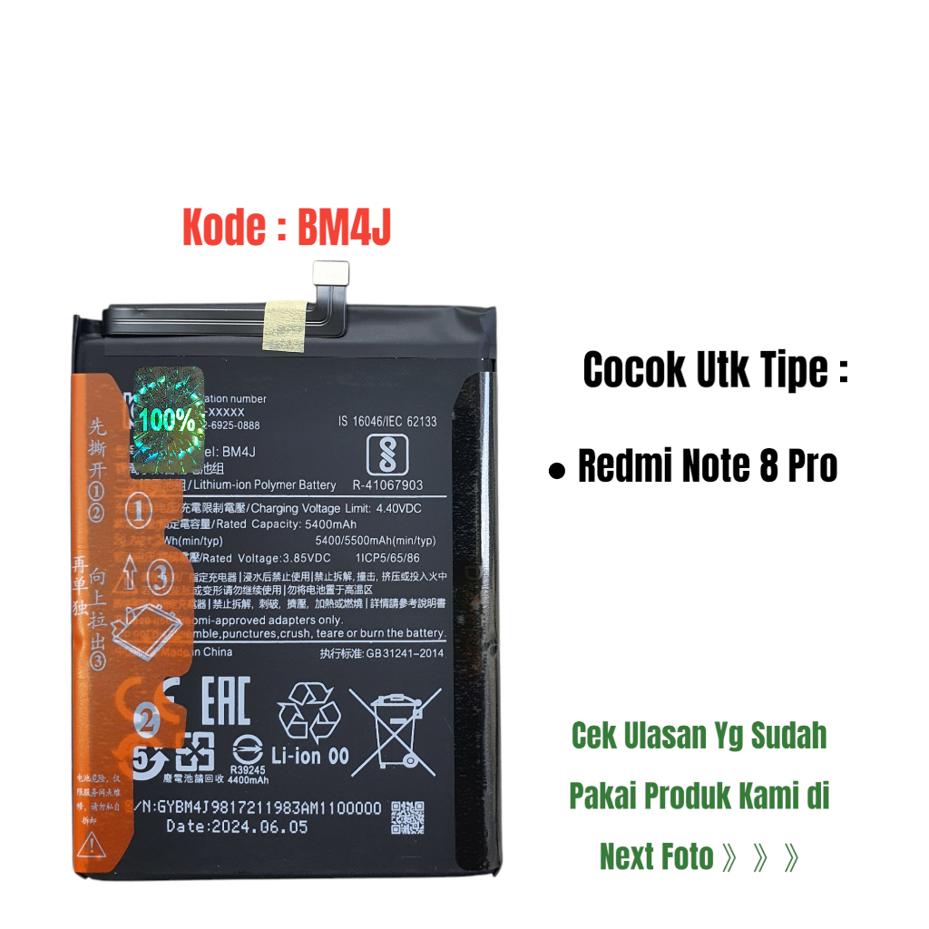 Baterai Original Redmi Note 8 Pro BM4J Redmi Note 8Pro batre batrai battery