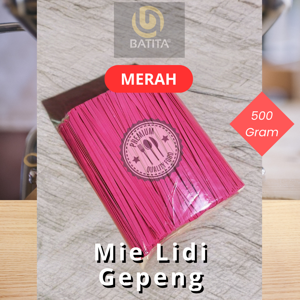 

Mie Lidi Gepeng 500 gr warna merah makanan ringan mie pasta