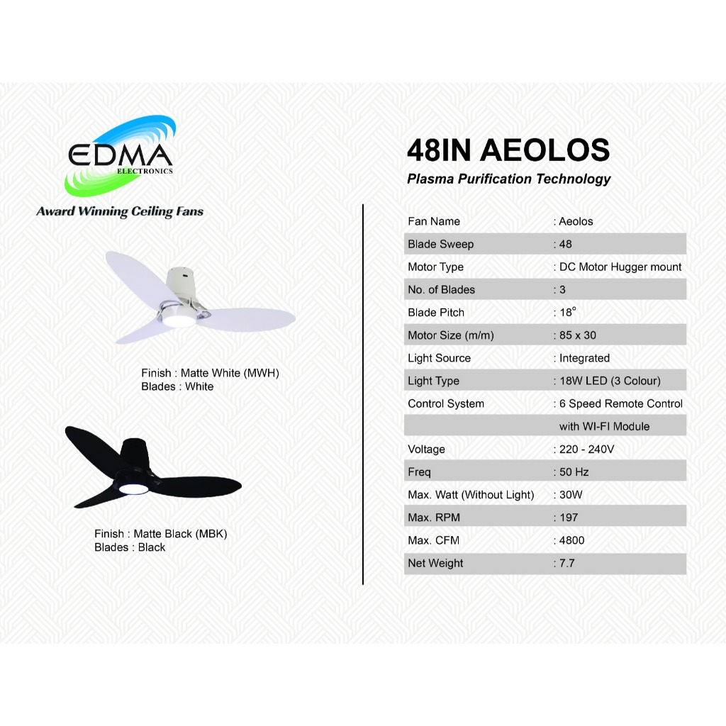 CEILING FAN MT EDMA AEOLOS 48 inch with plasma purification