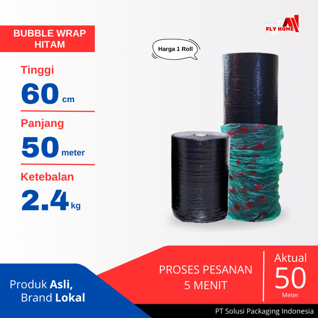 

FLYHOME Bubble wrap potongan hitam 60cm 1 roll besar 2,4kg 60x50meter