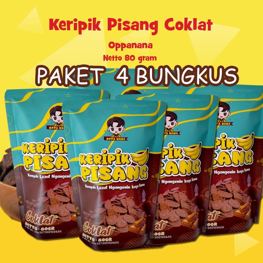 

Paket 4 pcs Oppanana Cemilan Keripik Pisang Coklat Susu Renyah 80 gram