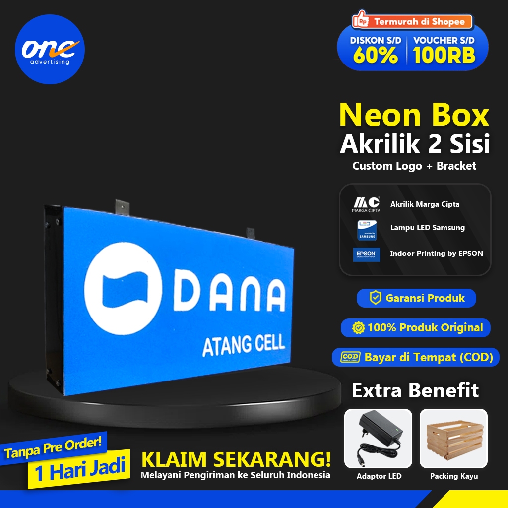 Neon Box Kotak Konter Dana Brilik Pulsa Akrilik 2sisi Outdoor Siap Pasang (Free Request Desain)