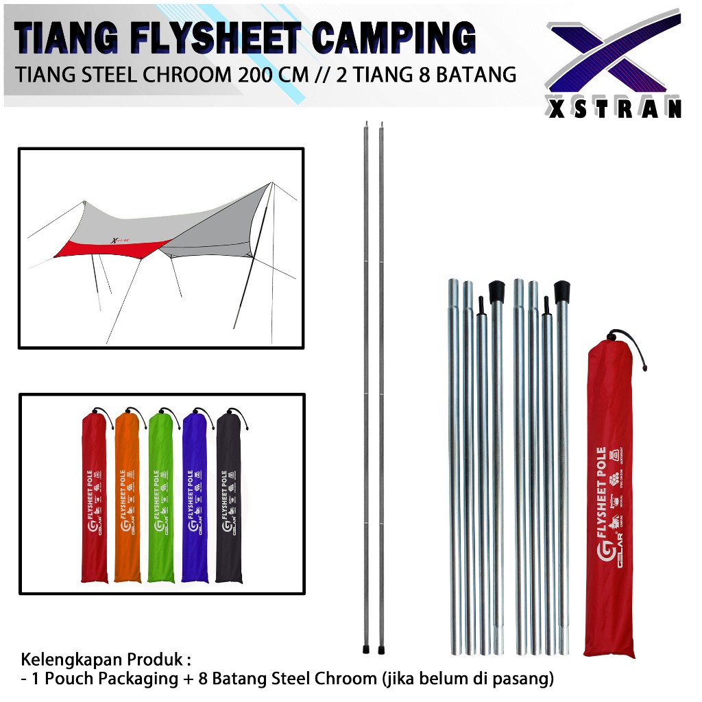 tiang flysheet steel chroom tiang besi 200 cm awning pole steel anti slip kuat dan kokoh