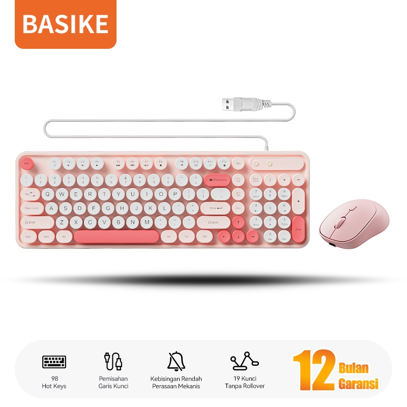BASIKE Keyboard Mouse 1 Set Wired Kabel USB Portable Gaming Silent Makaron untuk Computer PC laptop