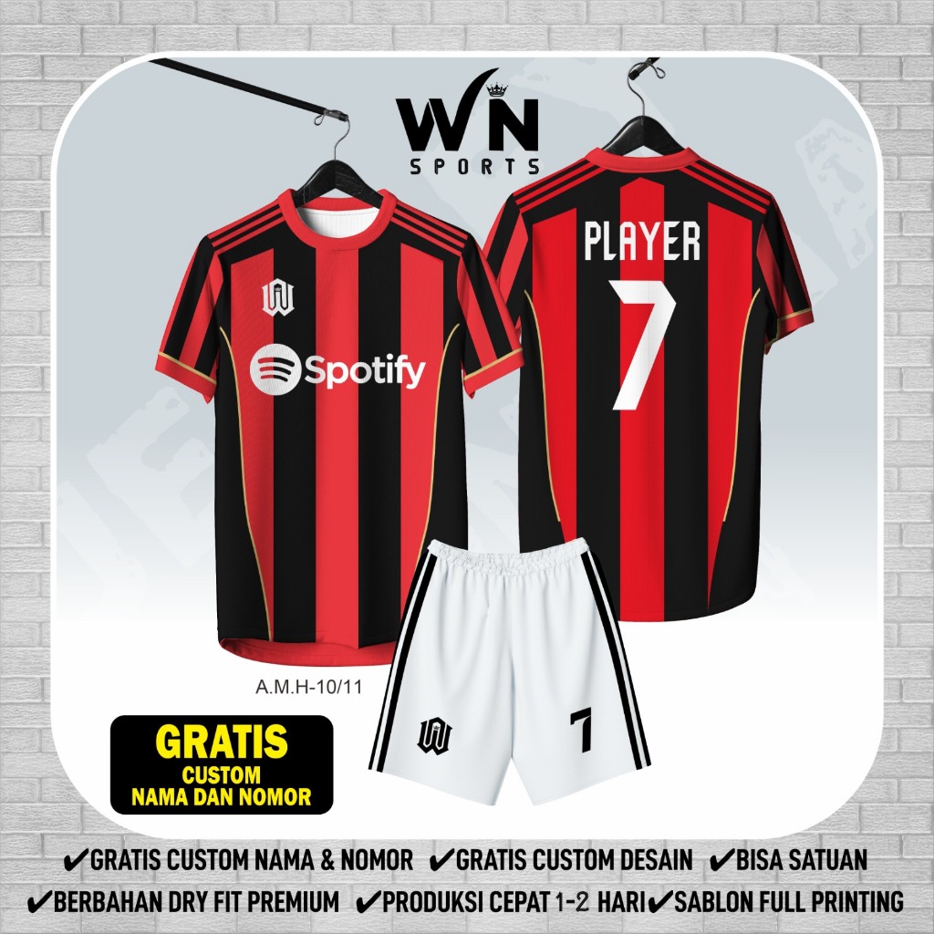 Jersey Sepak Bola Custom A.M.H 10/11 Hitam Merah Full Printing Nama & Nomor | Baju Bola Tim Futsal P