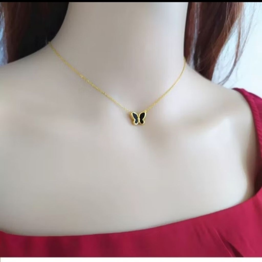 Set kalung wanita titanium lapis emas model butterfly/kupu kupu putih/hitam