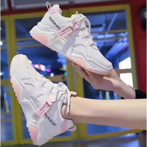 SEPATU SNEAKERS WANITA PREMIUM KOREA WANWOO PUTIH PINK SHOES FASHION SPORT KEKINIAN SEPATU LARI TALI