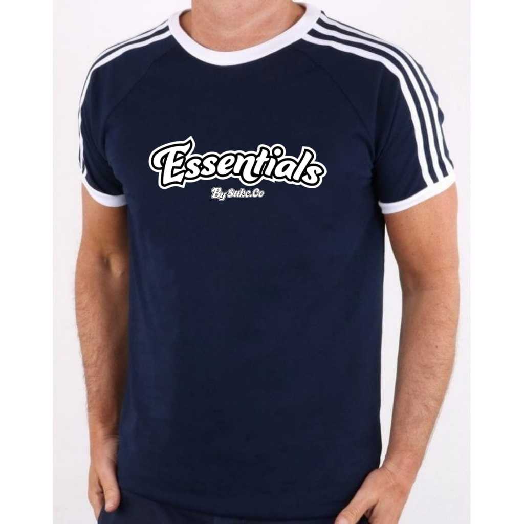 Essentials by suke.co Kaos Biru dengan Brand Suke Co// Kaos Import Pria biru strip putih
