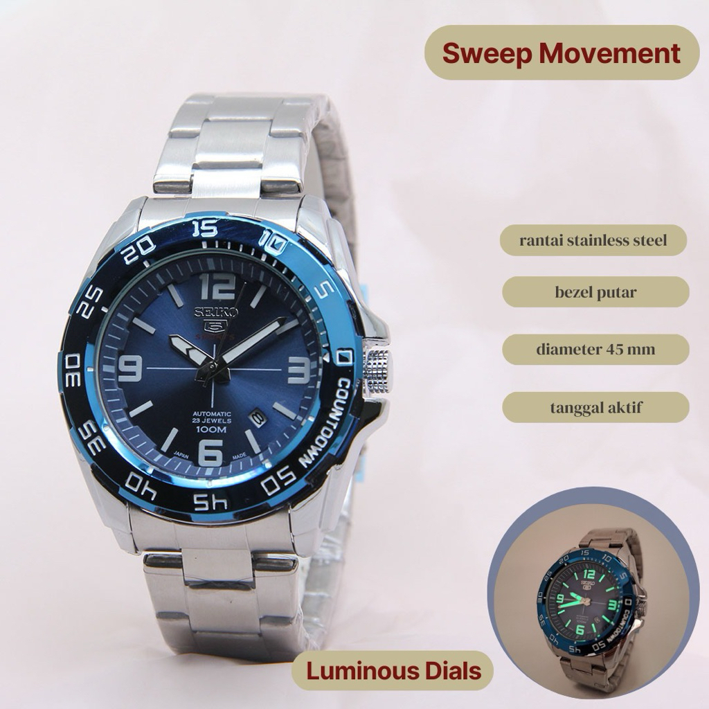 RDY  JAM TANGAN PRIA SEIKO-5 DATE ON RANTAI SPORTY PADAT SOLID