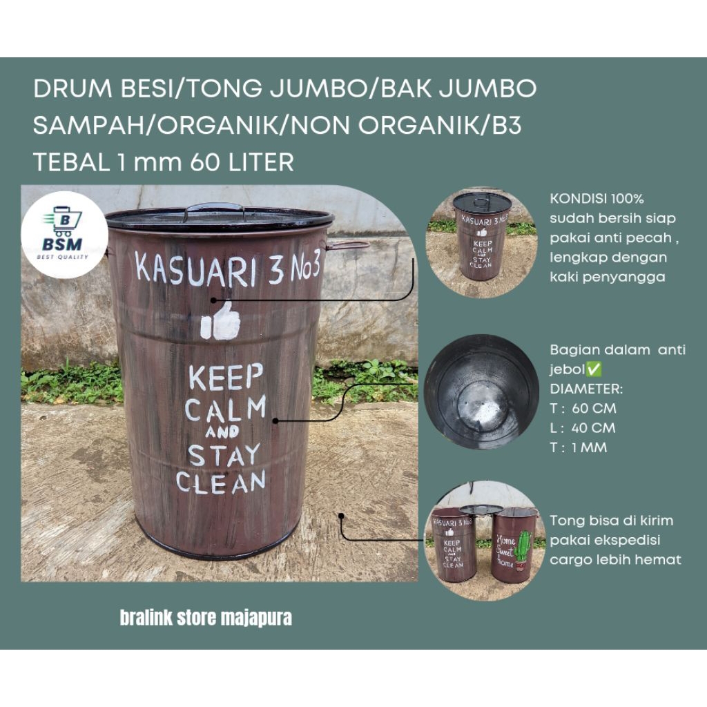 tempat sampah besi 60 liter/tong sampah/drum sampah/bakaran sampah/organik/nom organik