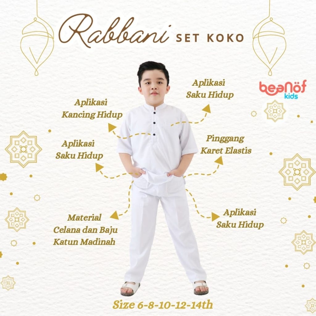 Koko Rabbani set celana koko anak putih lengan pendek koko setelan celana koko katun