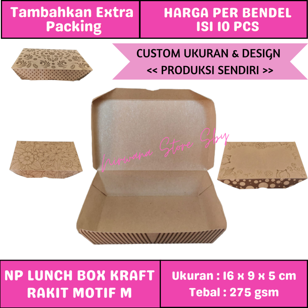 

(10 Pcs) Lunch Box Kraft Motif Rakit M / 16x9x5 cm / Kotak Makan / Laminasi